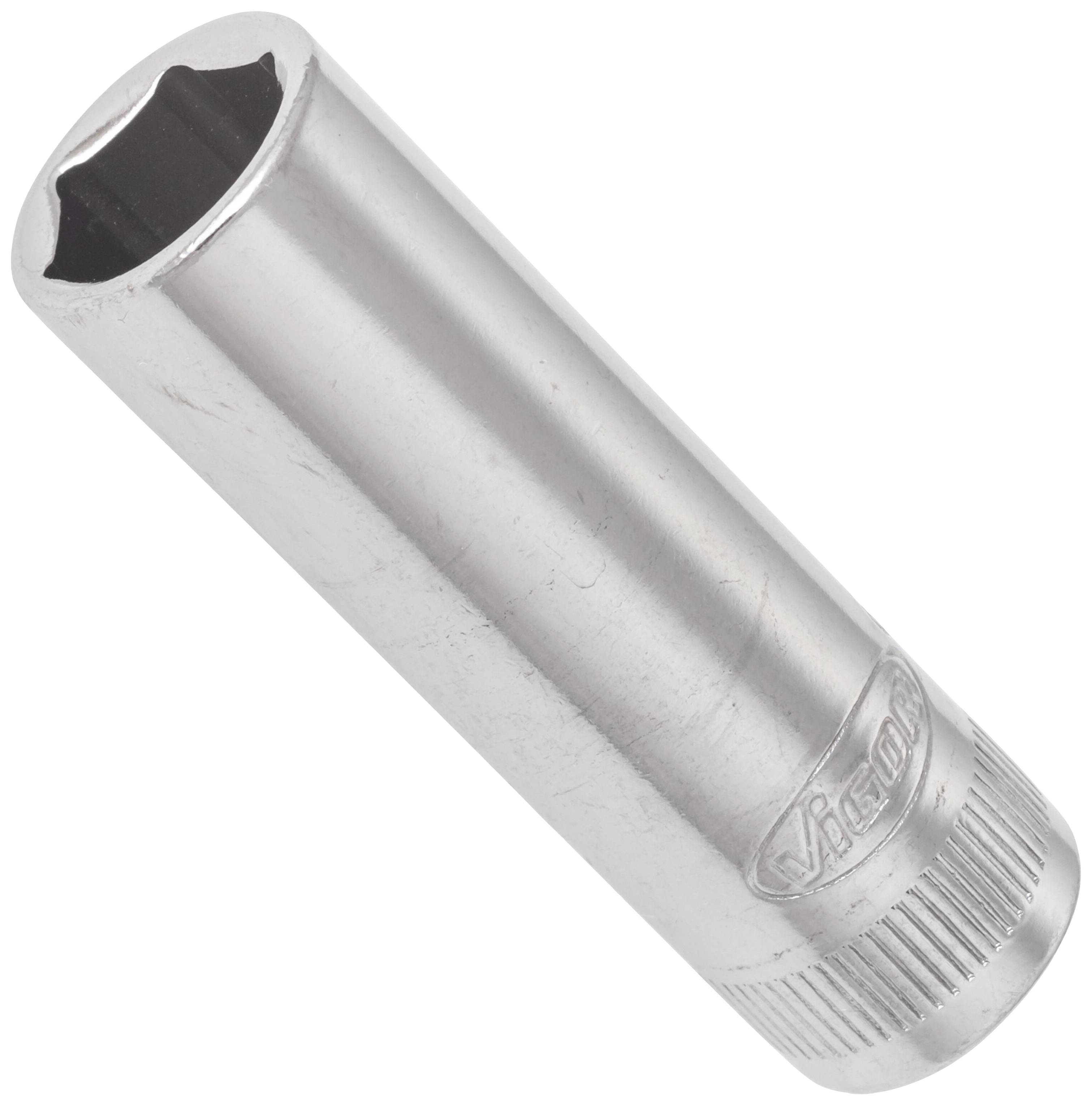 A silver socket extension with a hexagonal opening and a knurled handle, with 'Vision' written on it.