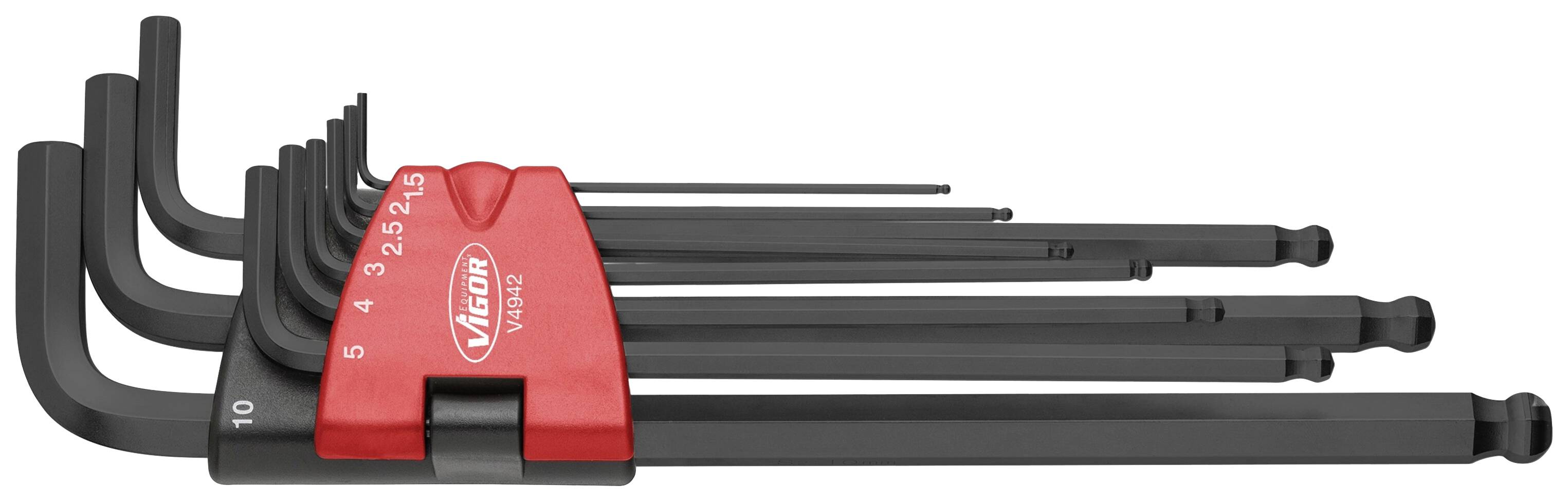 Set of Allen keys in various sizes, from 1.5 to 10 mm, in a red holder with the inscription 'Vigor'.