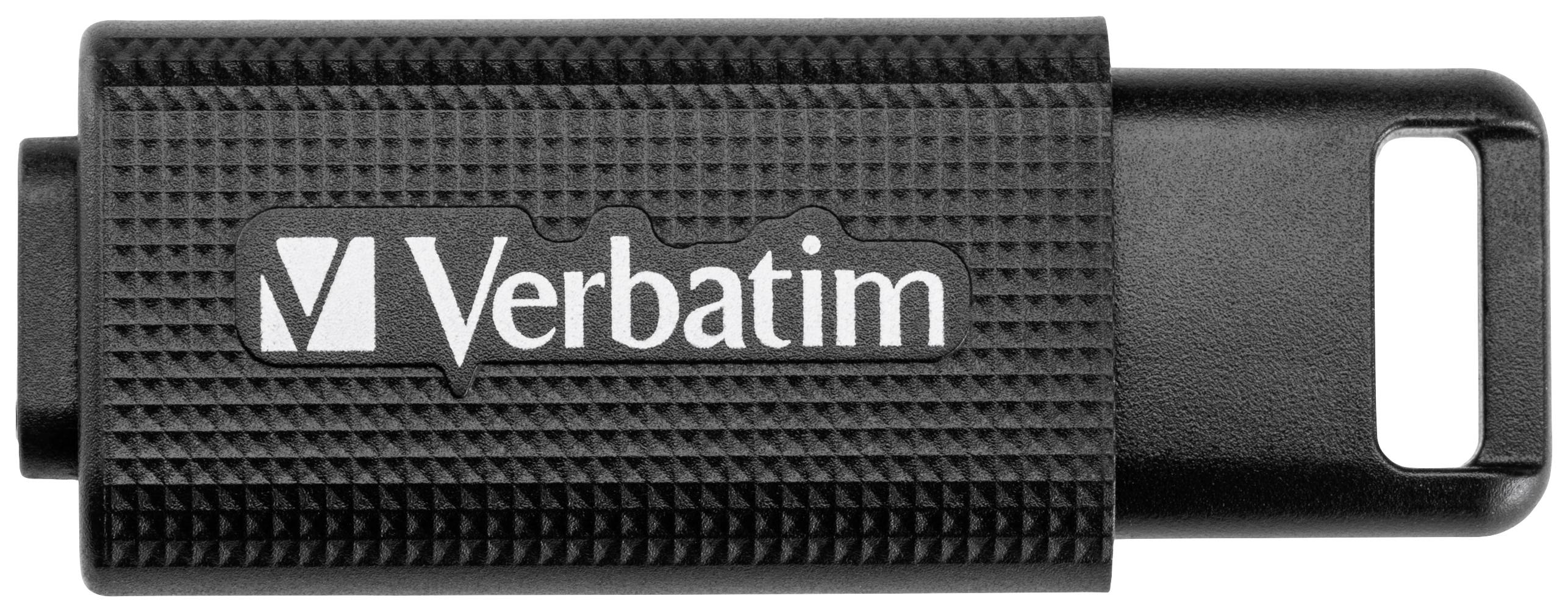 Black 'Verbatim' USB drive with a textured casing and brand name printed on it.