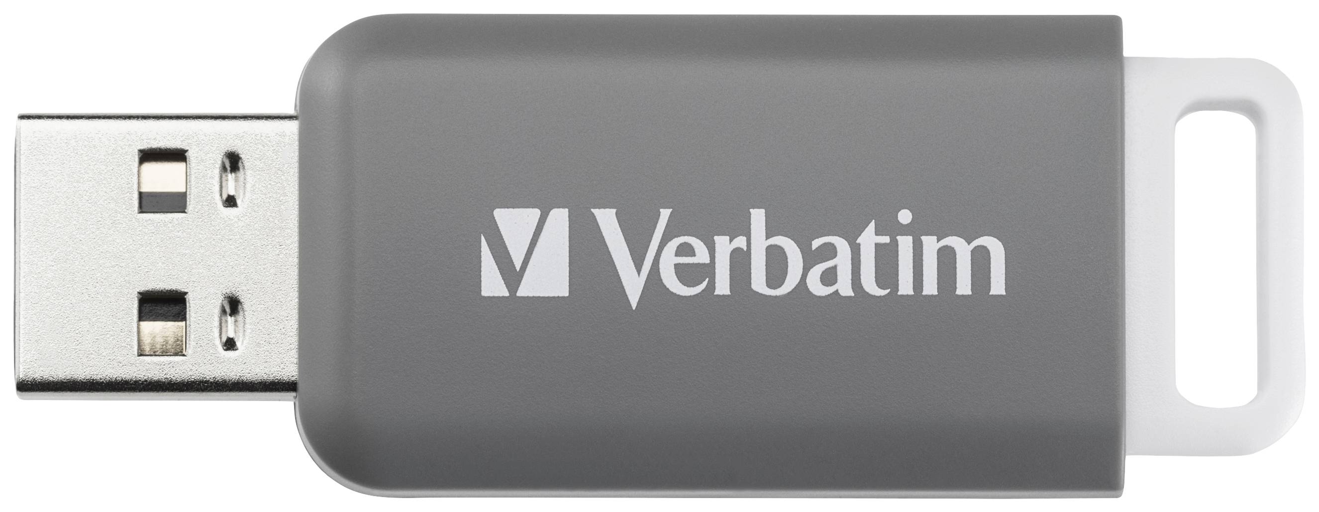 A grey Verbatim USB stick with a white cap.
