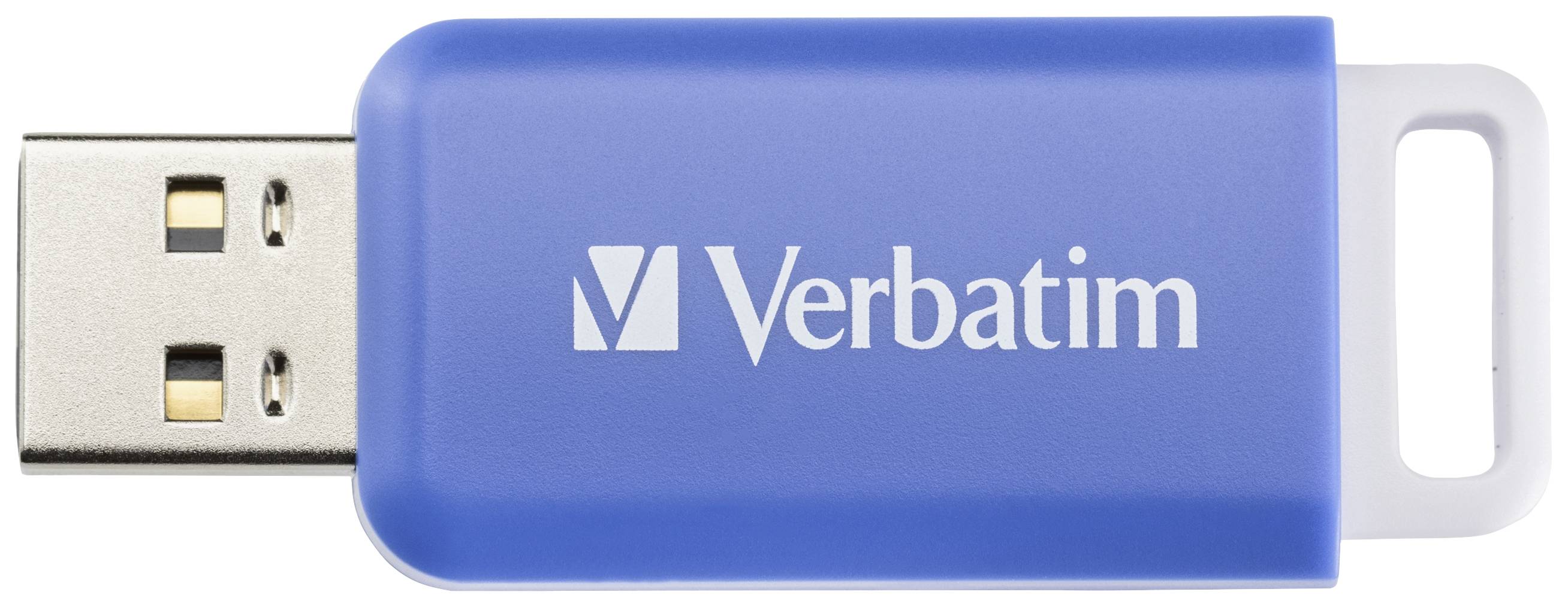 A blue USB stick with the 'Verbatim' inscription in white lettering.