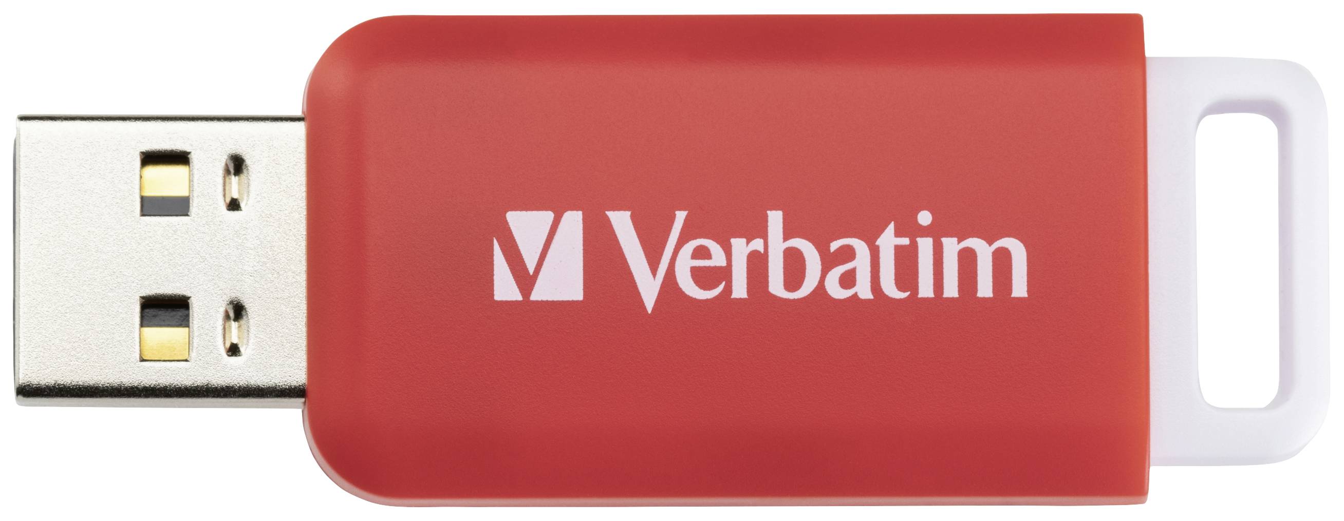 Red USB stick with 'Verbatim' logo on the front.