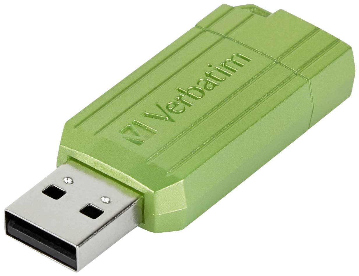 A green Verbatim USB stick, viewed from an angle above.