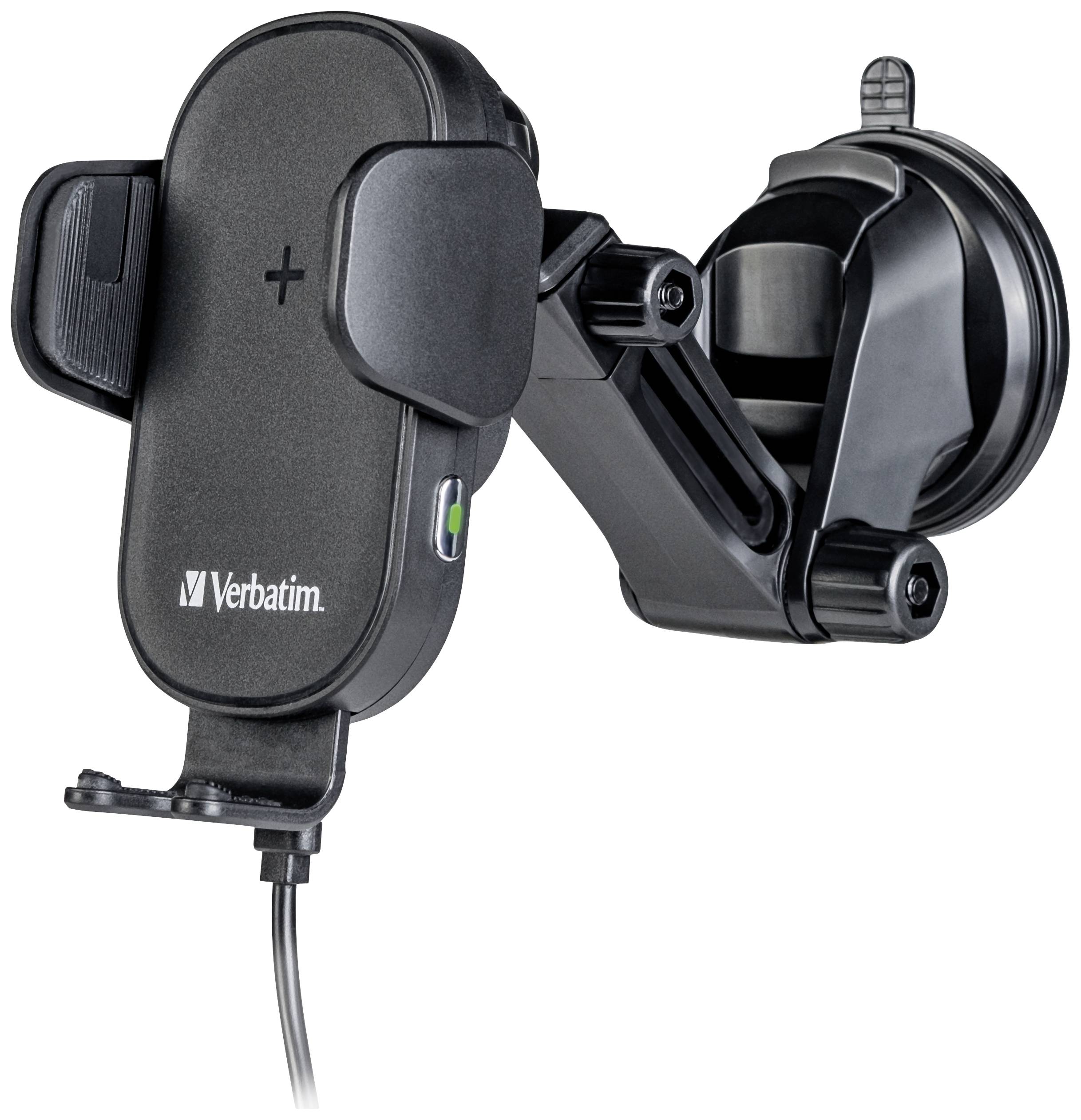A black smartphone holder by Verbatim for mounting in a car, with an adjustable arm and cable connection at the bottom.