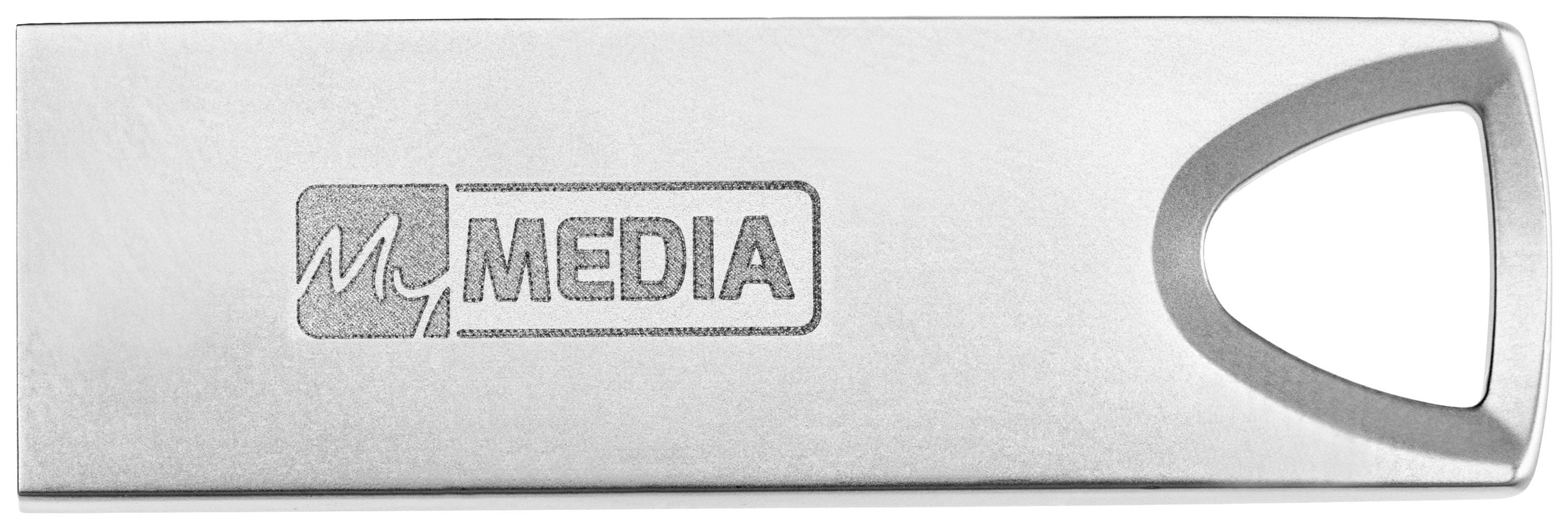 A silver USB stick with the logo and inscription 'MEDIA'. The design is simple and rectangular with rounded edges.