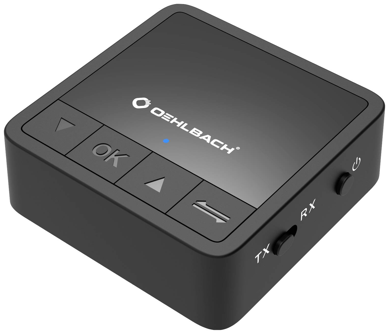 Small black device with arrow keys and text 'Oehlbach'. Keys are arranged in a row, with symbols for TX and RX.
