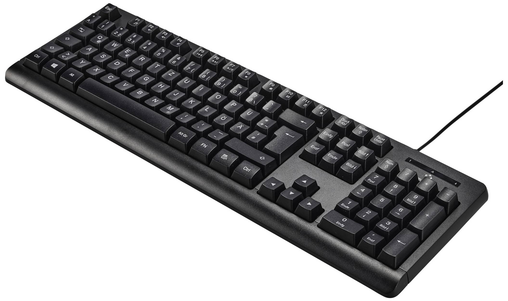 Black computer keyboard with German QWERTZ layout. It has a number pad on the right and is connected via a cable.
