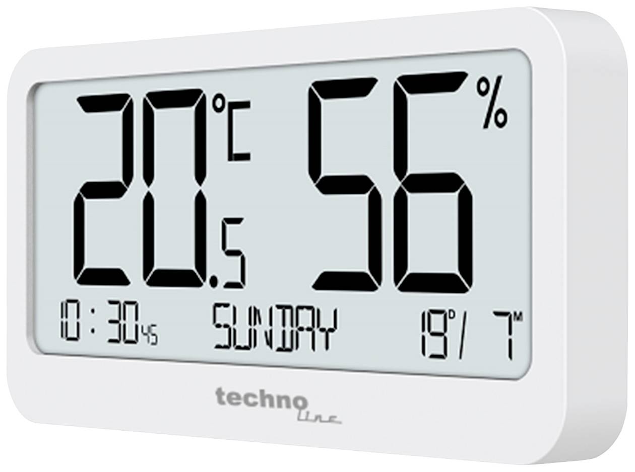 Digital clock showing temperature '20°C', humidity '56%', time '10:30', date 'Sunday', and Min/Max '19/7'.
