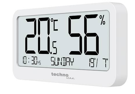 Digital weather station shows 20.5°C, 56% humidity, 10:30, Sunday and 19/7.