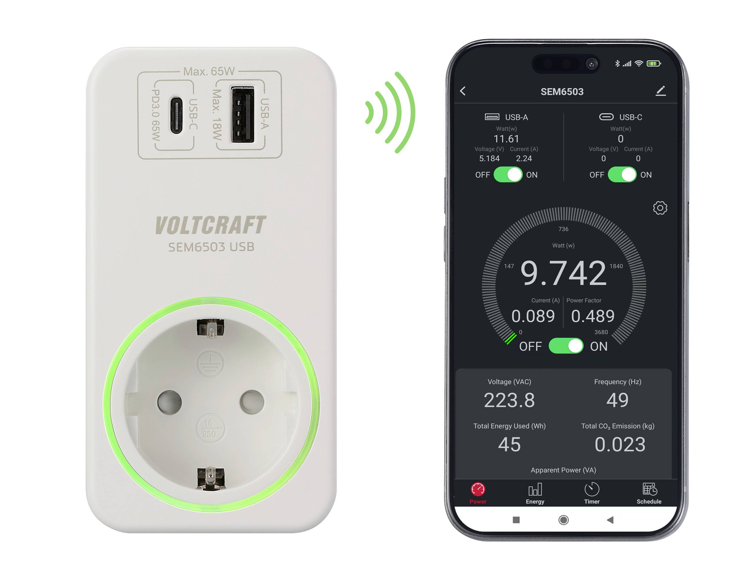 Smart plug 'VOLTCRAFT SEM6503 USB' displays energy consumption on smartphone app. Plug and app screen shown with measurement values.