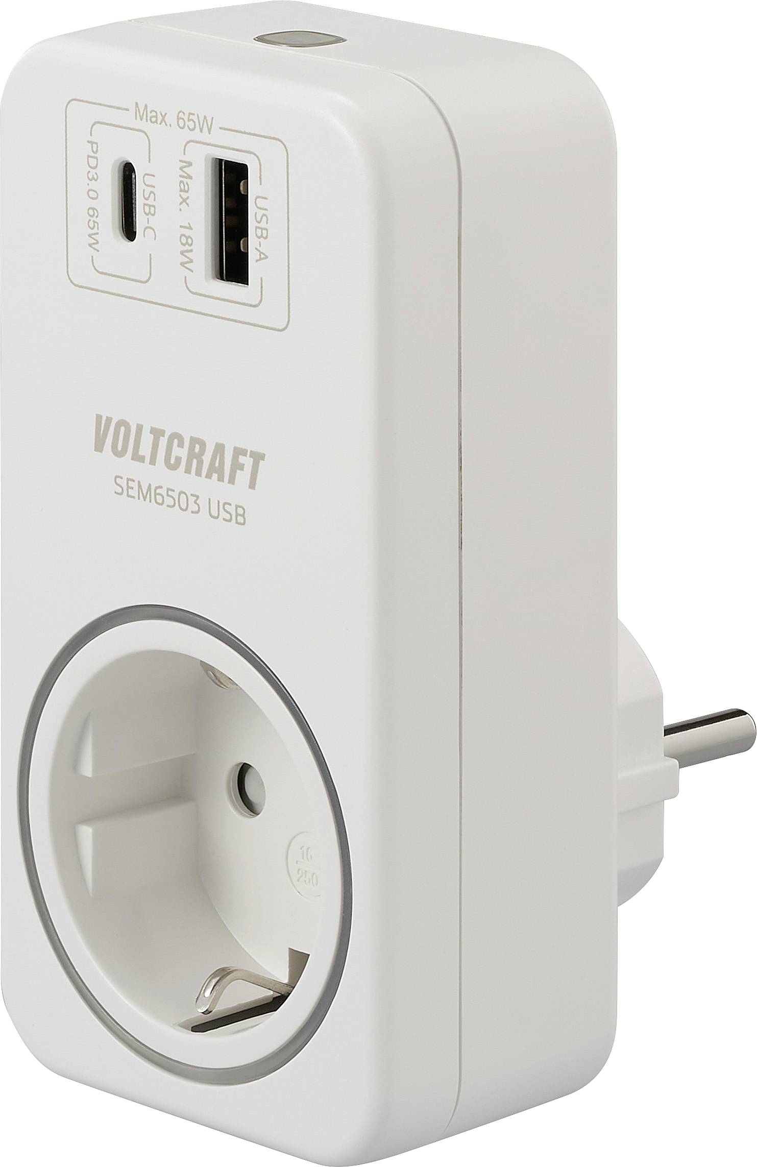 A white plug adapter with two USB ports and a socket outlet. Text on the device shows 'Voltcraft' and power rating.