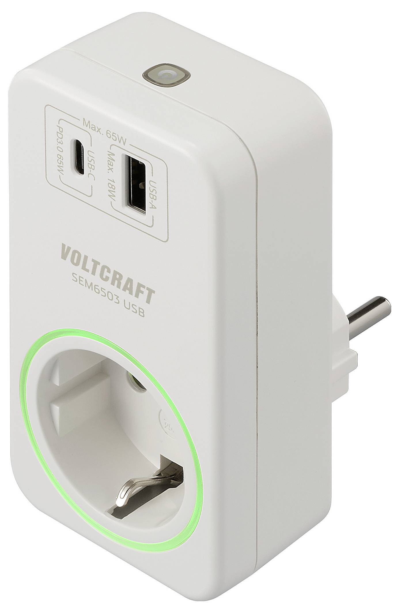 Voltcraft current measuring device with USB ports and socket for monitoring energy consumption.