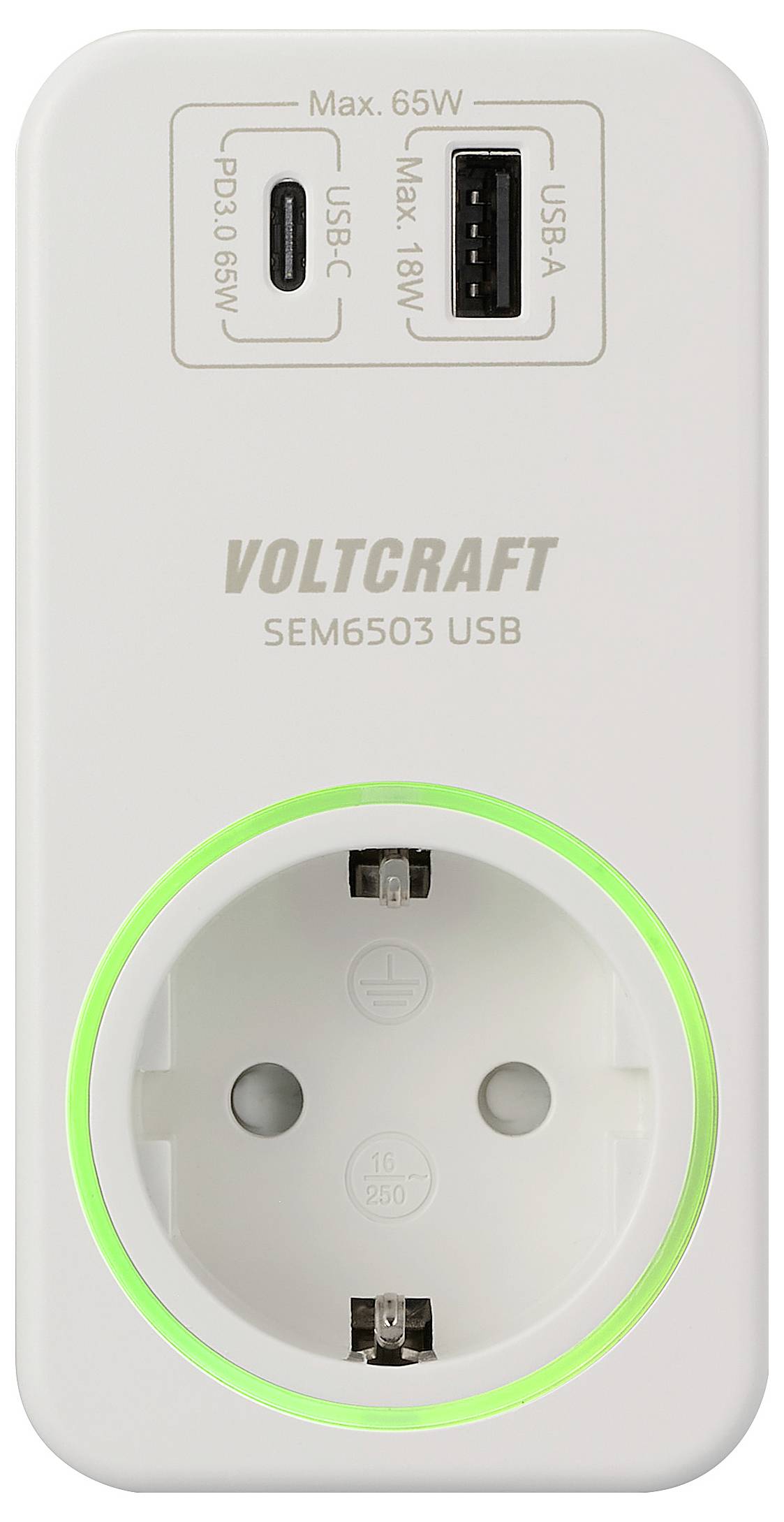 A white plug adapter with USB-C and USB-A ports, printed with 'VOLTCRAFT SEM6503 USB', surrounded by green light.