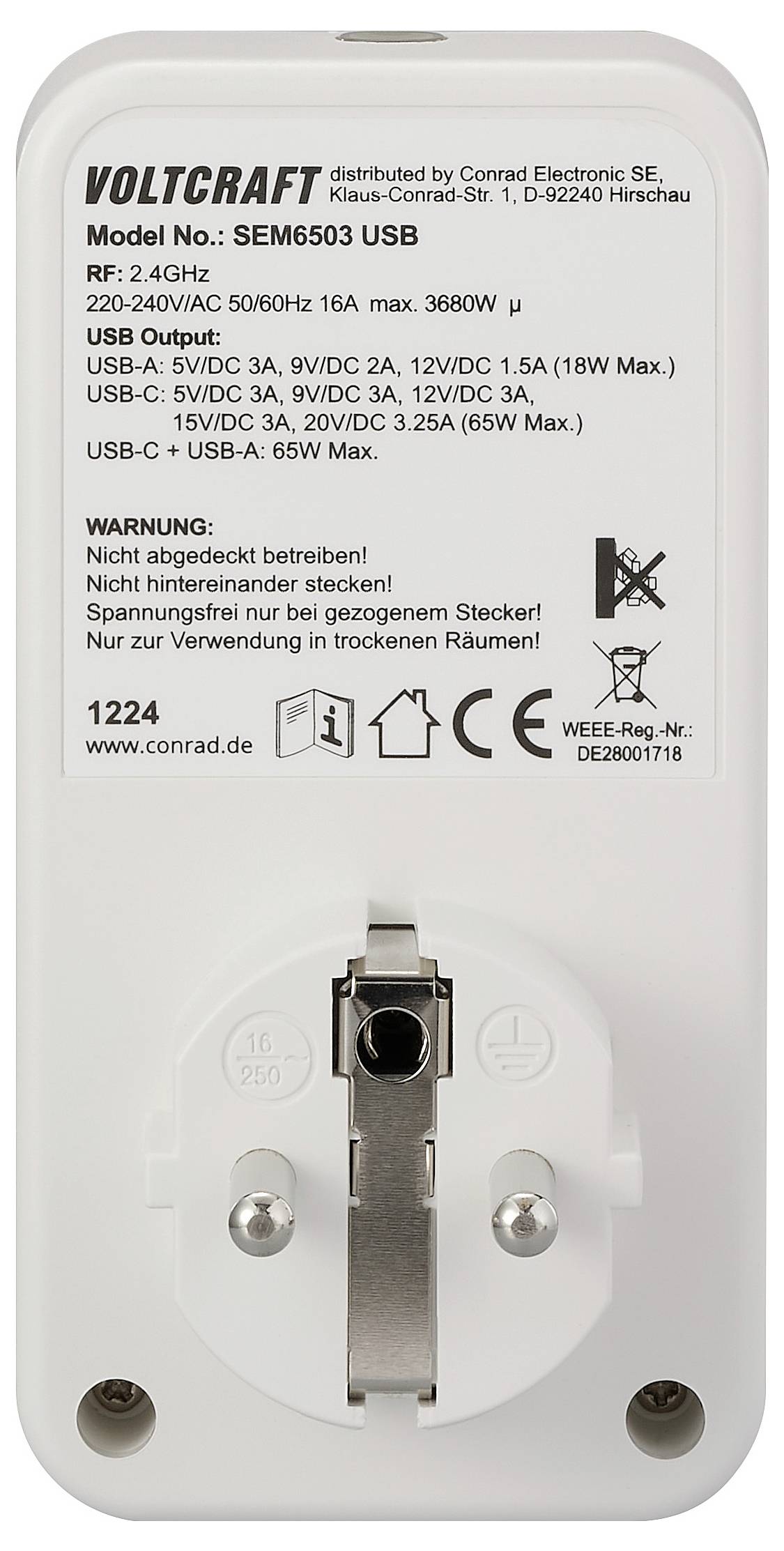 Back of a Voltcraft SEM6503 USB socket adapter with technical specifications, USB outputs, and manufacturer details.