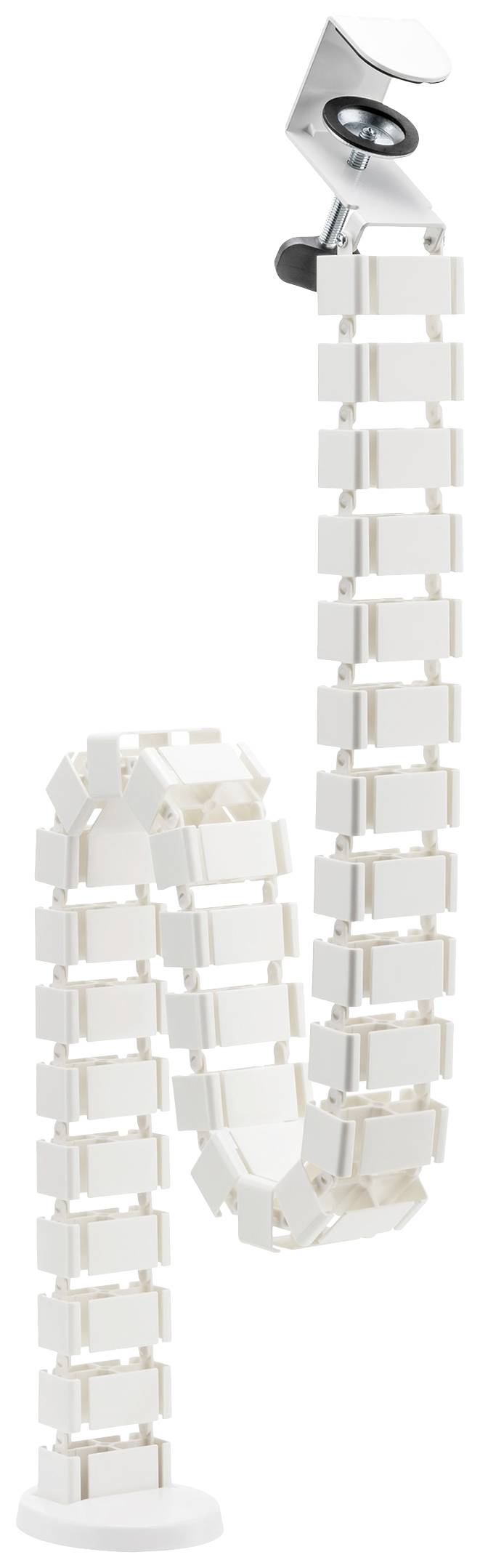 White flexible spiral cable trunking, ideal for bundling and routing cables under desks.