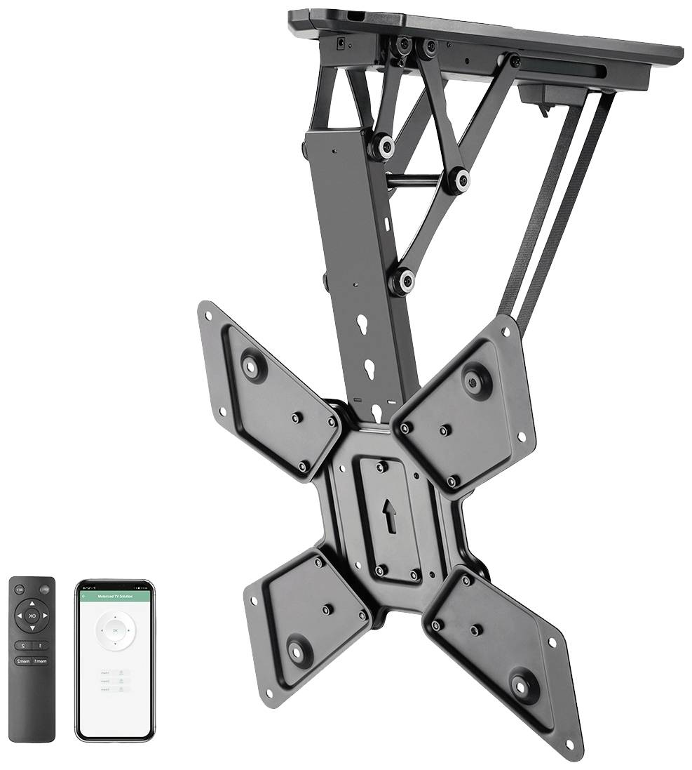 Motorised TV Ceiling Mount in Black with Remote Control and Smartphone Connectivity. Adjustable Bracket for Flexible Television Installation.
