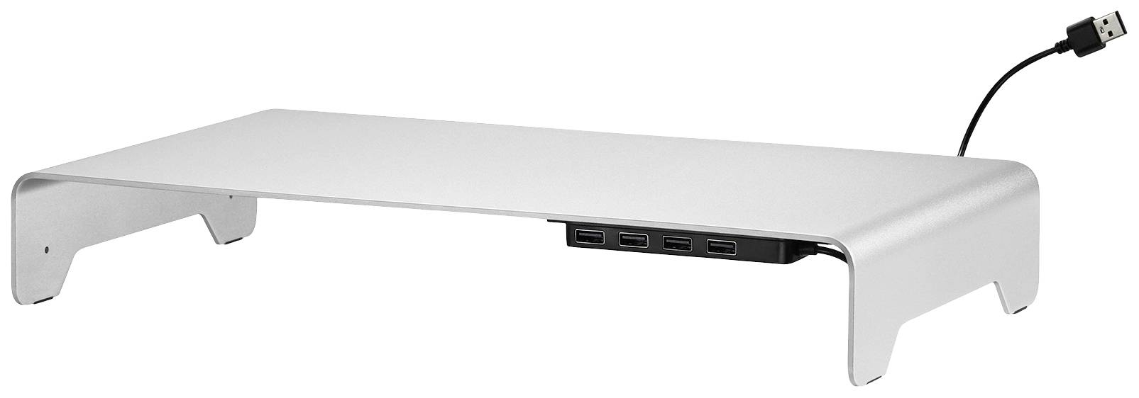 A silver monitor stand with integrated USB ports, ideal for raising the screen and providing extra connection space.