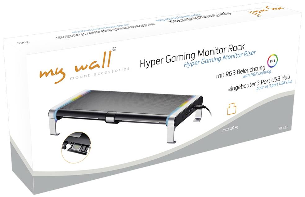 Hyper Gaming Monitor Stand with RGB Lighting and Built-in 3-Port USB Hub, Maximum Load Capacity of 25 kg. Packaging Displays Product Image.