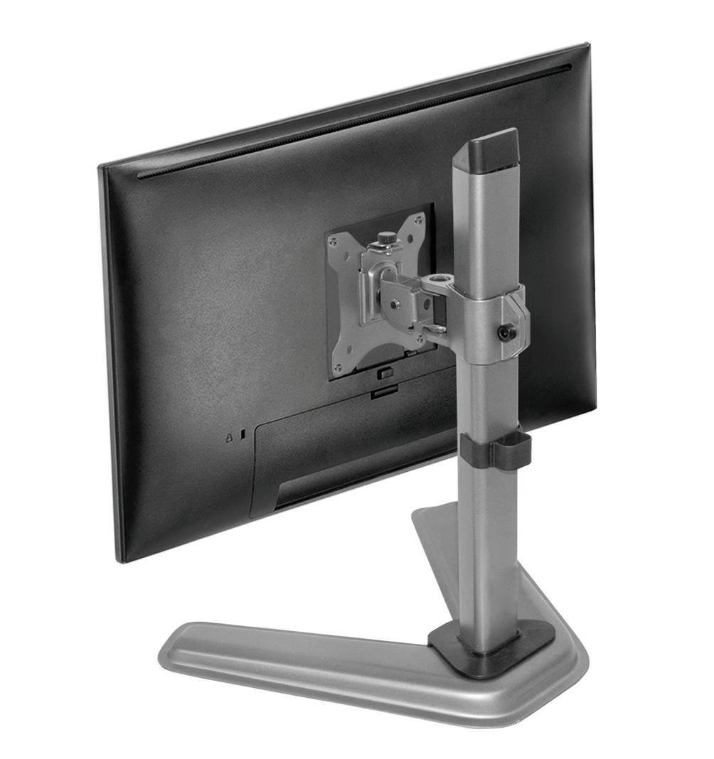 A black flat-screen monitor on a silver adjustable stand, viewed from the back.