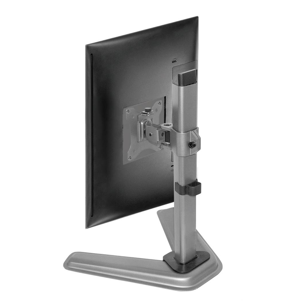 Rear view of a monitor on an adjustable stand. The stand is grey and provides tilt functions for ergonomic adjustment.