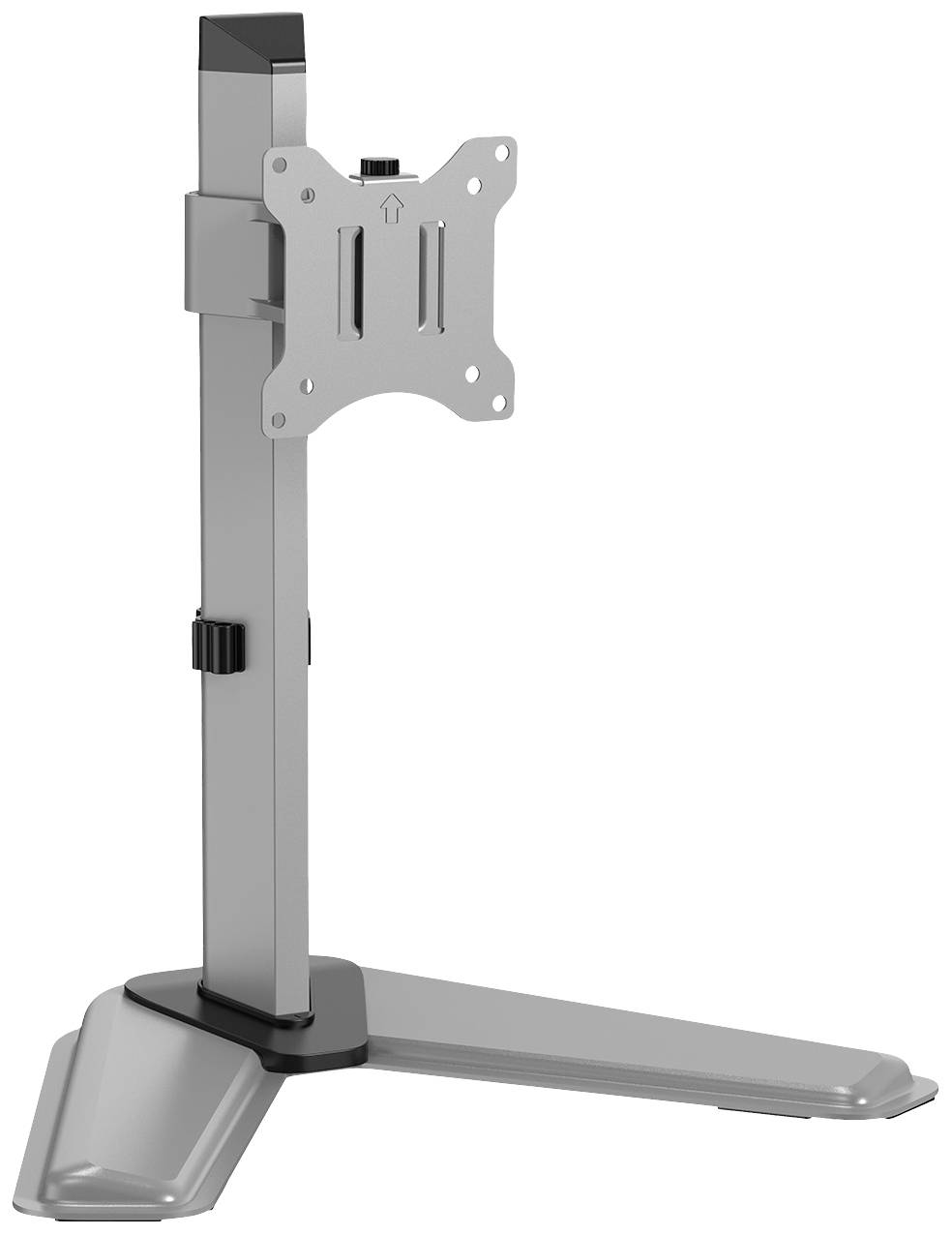 Metal monitor stand in silver, height-adjustable with V-shaped base. Suitable for screens, enhancing workplace ergonomics.