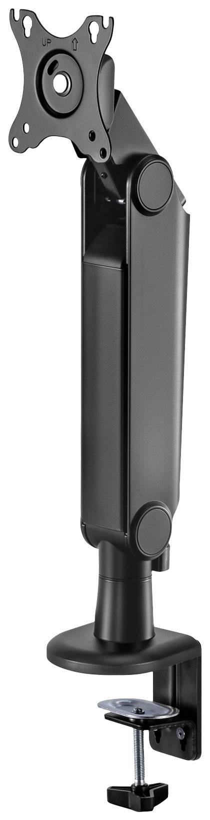 Black monitor arm with screw clamp for attachment to desk edges. Articulated arm allows flexible positioning of the screen.