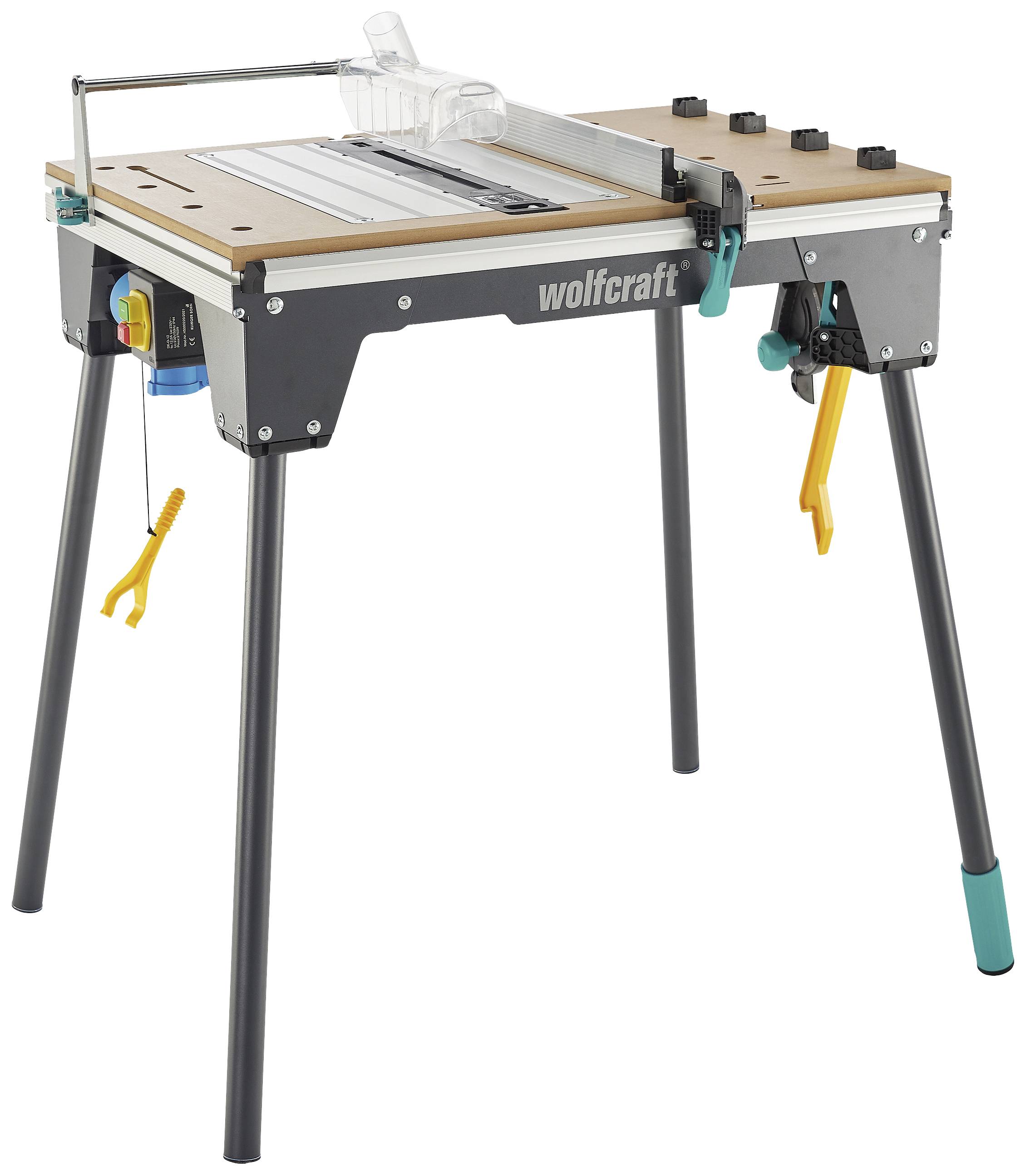 Portable workbench with metal frame, wooden surface and tool holders, suitable for DIY projects. Brand logo 'wolfcraft'.