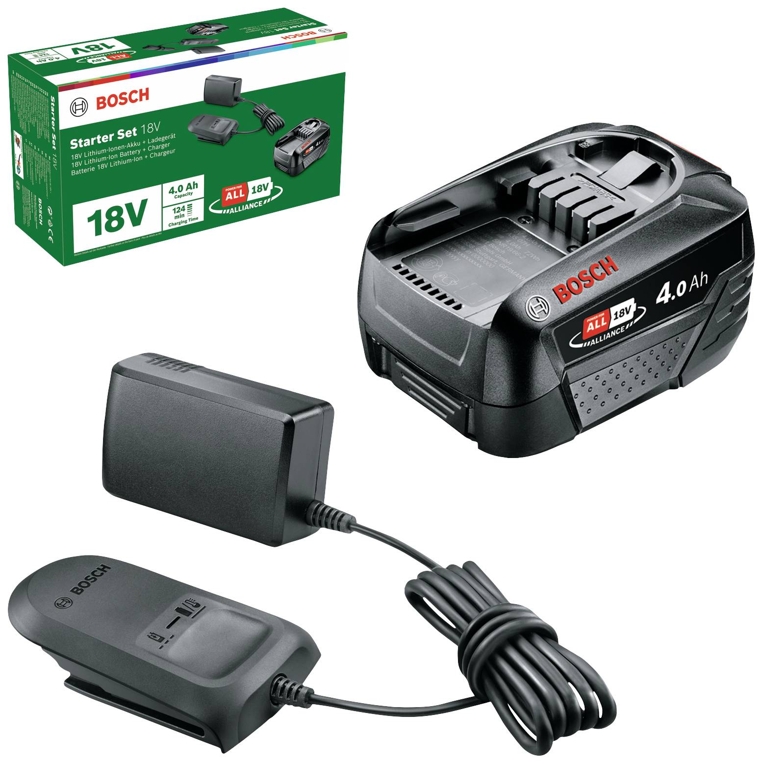 Charger and 18V Bosch battery with 4.0 Ah capacity, including packaging. Ideal for cordless power tools.