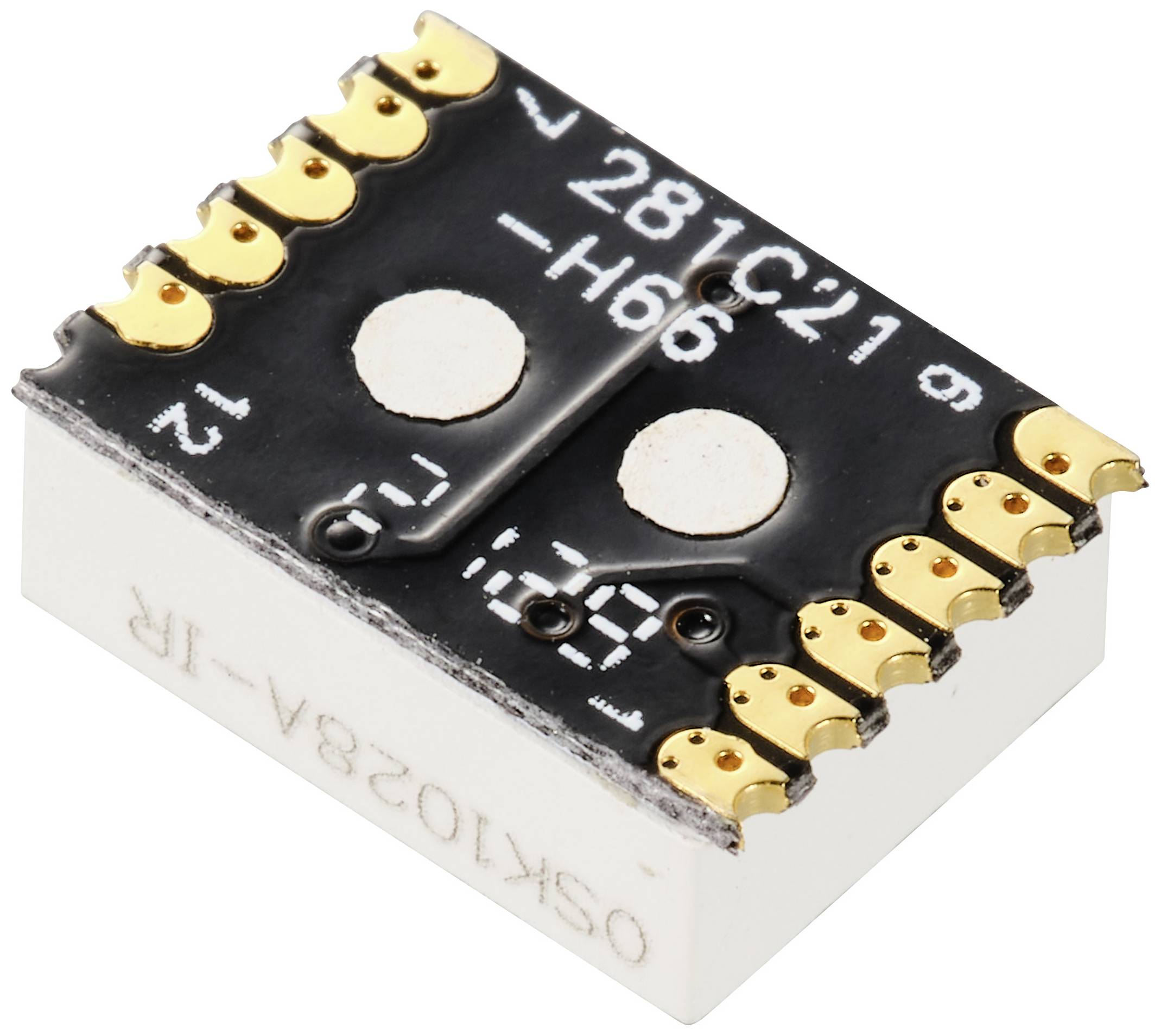 A rectangular, electronic IC chip with golden contacts, mounted on a white base, with '281C' printed on the top.