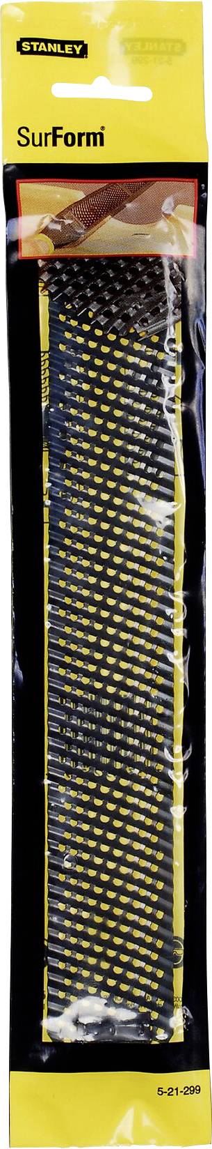 Stanley Surform Replacement Rasp Blade, yellow and black colouring, suitable for woodworking. Packaging front displays application image.
