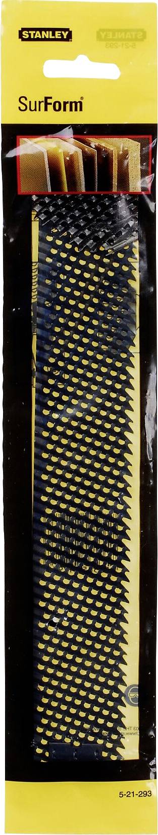 Stanley SurForm Replacement Blade, rectangular, yellow and black, in plastic packaging. Packaging demonstrates use with wood.