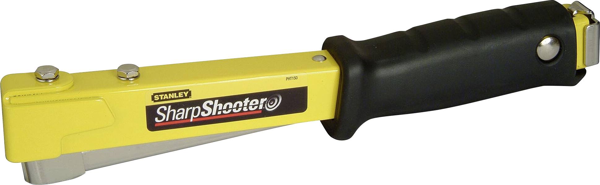 Yellow hand stapler with a black handle, labelled 'Stanley SharpShooter'. Suitable for craft work and fixing tasks.