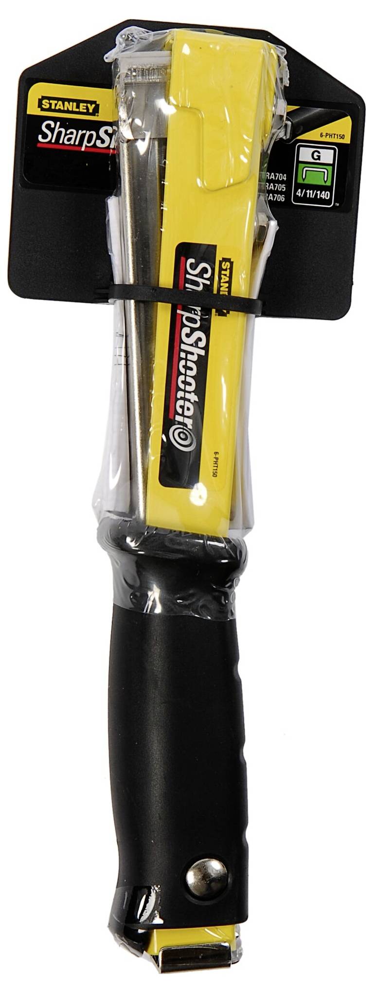 Yellow Stanley tacker with a black handle and packaging.