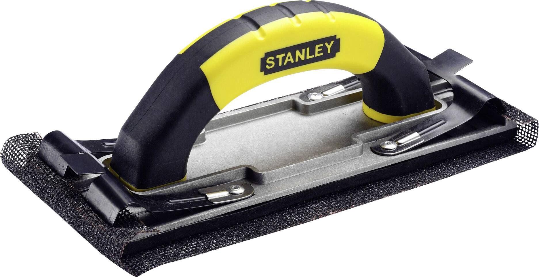 A hand tool with a yellow and black handle, marked with 'Stanley', used for sanding surfaces, fitted with sandpaper.