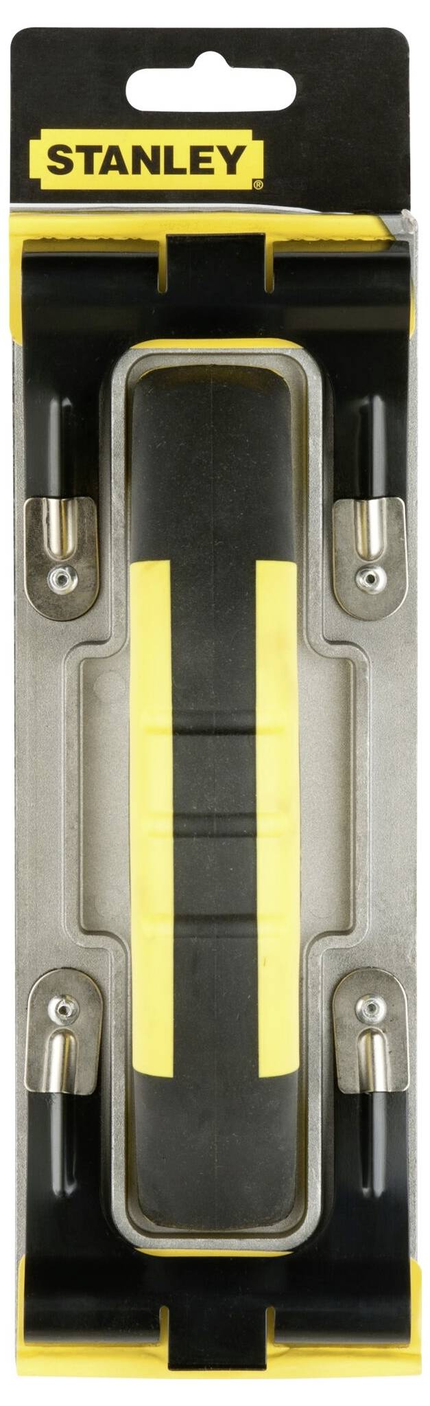 Plane tool with an ergonomic handle in packaging. 'Stanley' brand printed on top. Tool for smoothing surfaces.