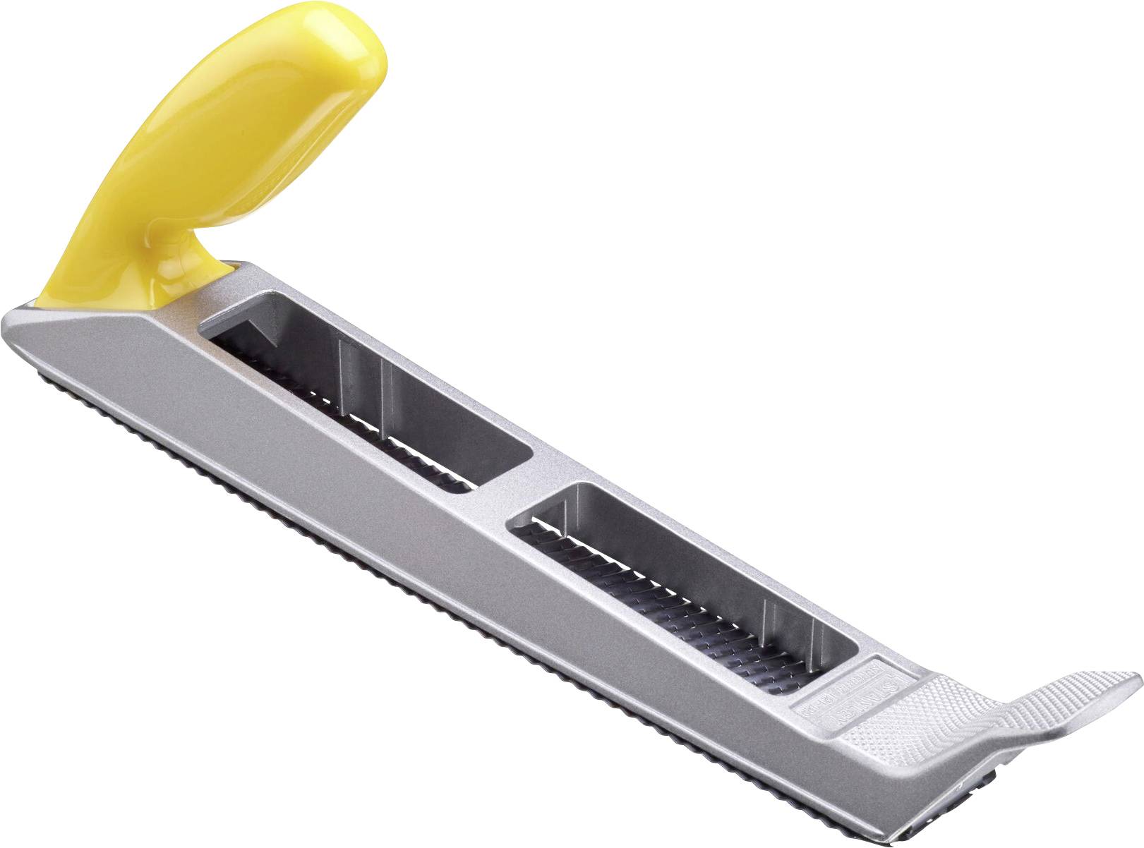 A metal rasp with a yellow handle, used for smoothing wood or other materials.