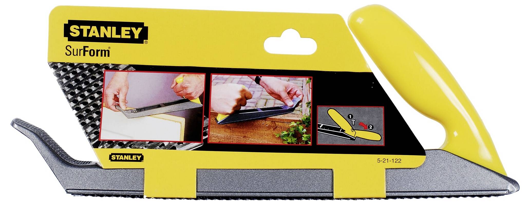 A yellow Stanley SurForm rasp with packaging. The packaging displays application images and the tool from a side view.
