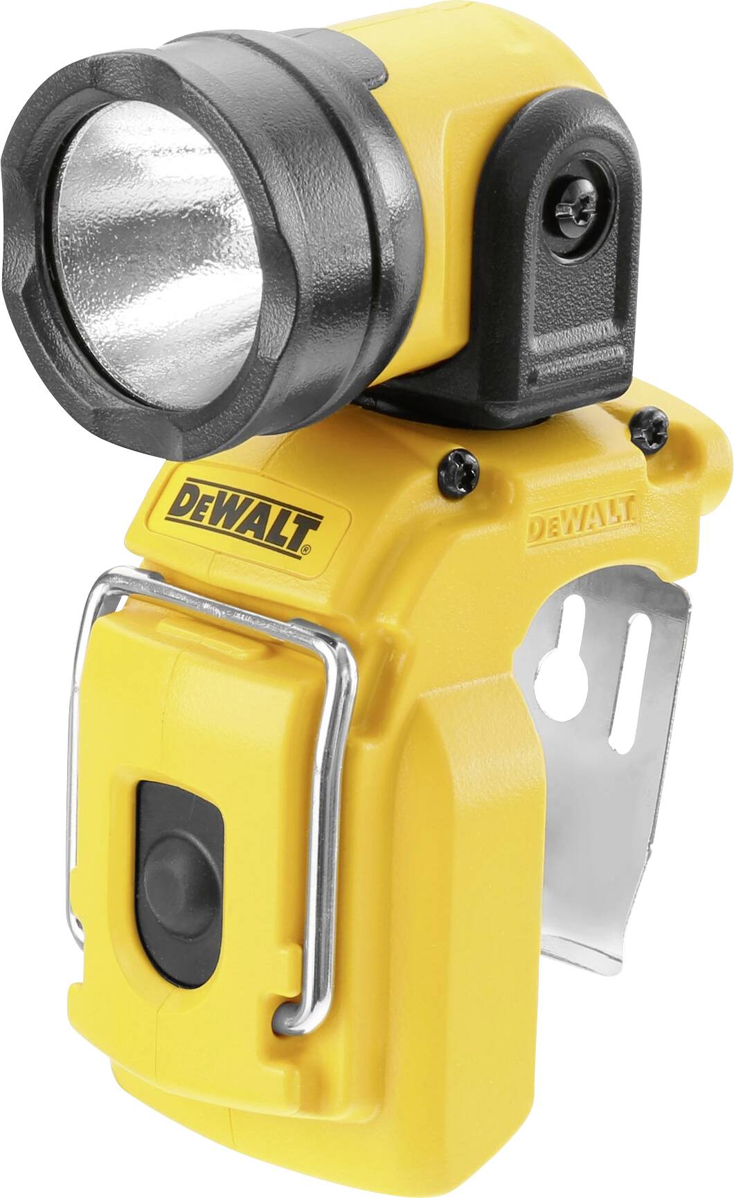 Yellow and black portable LED torch with metal clip and rotatable head, suitable for workshop or construction site use.