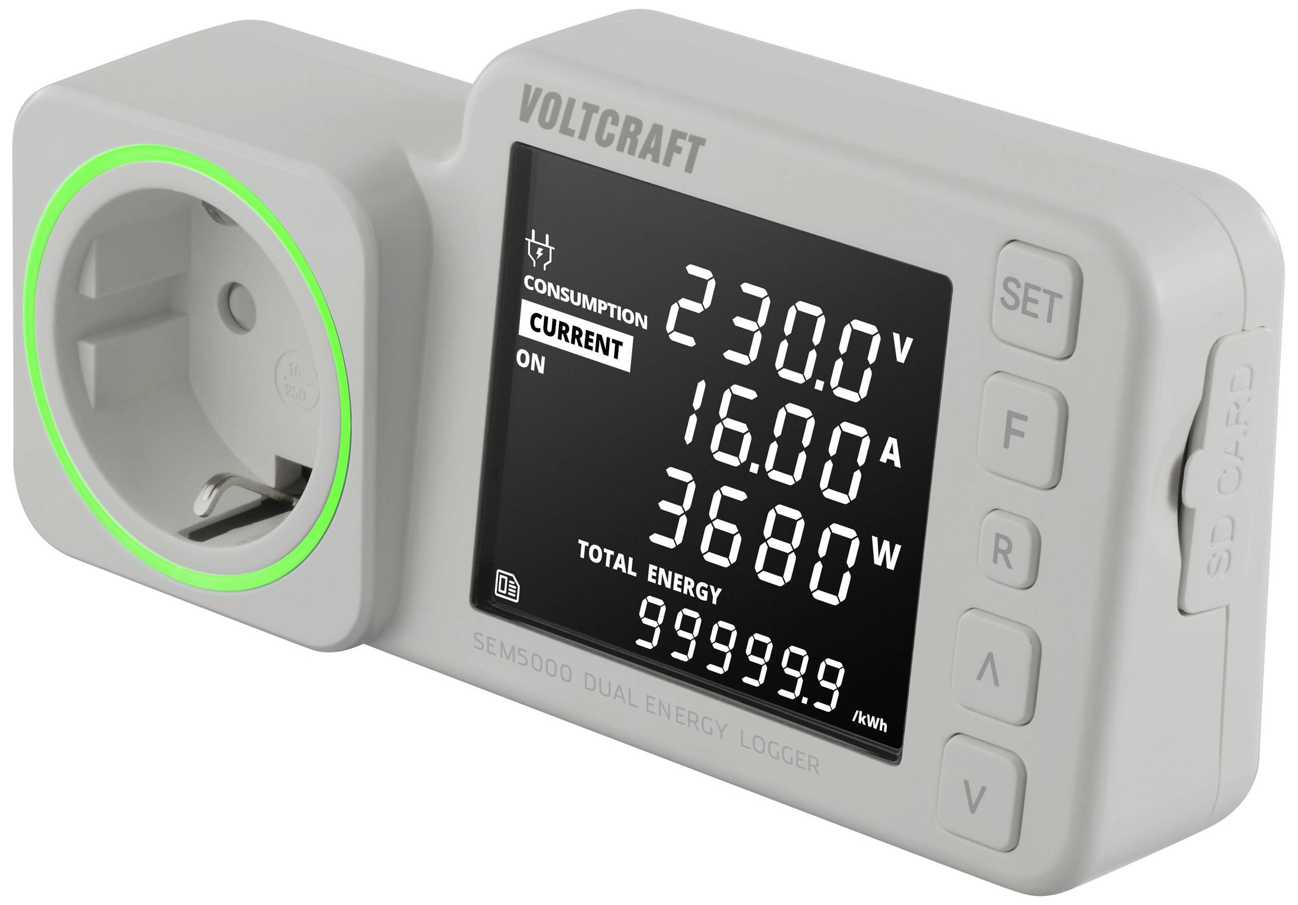 An energy consumption meter shows the current consumption: 230V, 16A, 3680W and total data. A socket is located on the left.