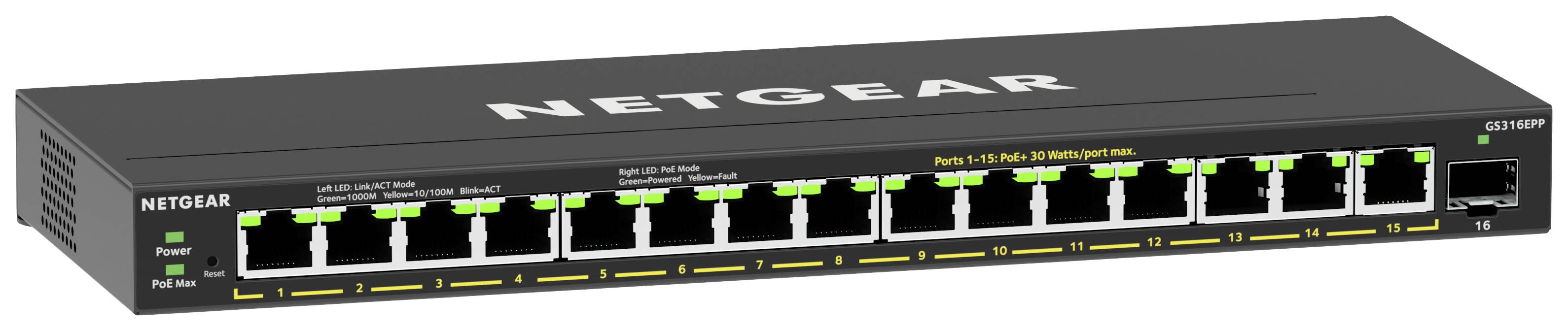 Netgear network switch with 16 Ethernet ports, all ports fully operational. Device for connecting multiple network devices.