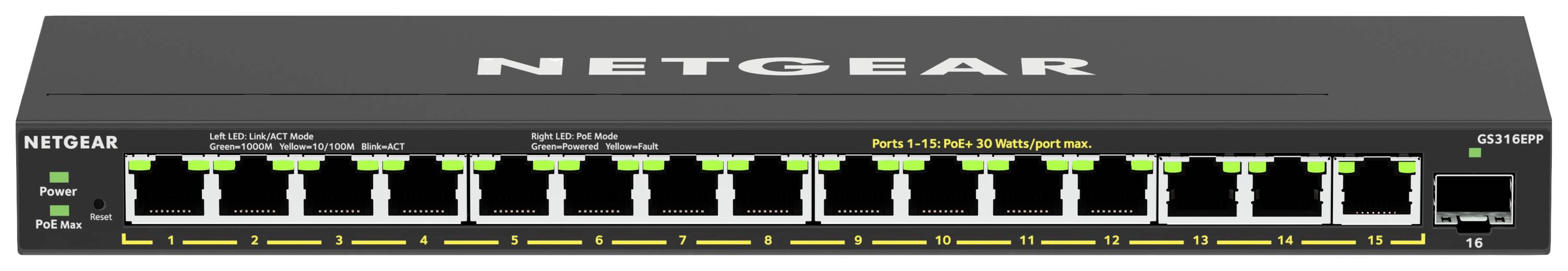 Netgear network switch with 16 ports, LED indicators for status and connection.