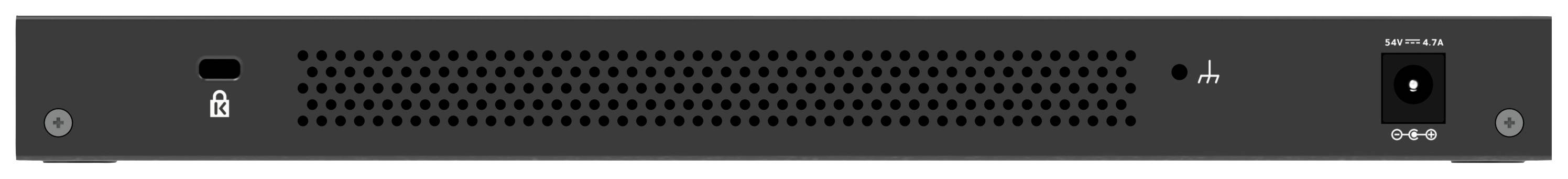 A black network device with ventilation slots, a lock symbol on the left and a power connection on the right.