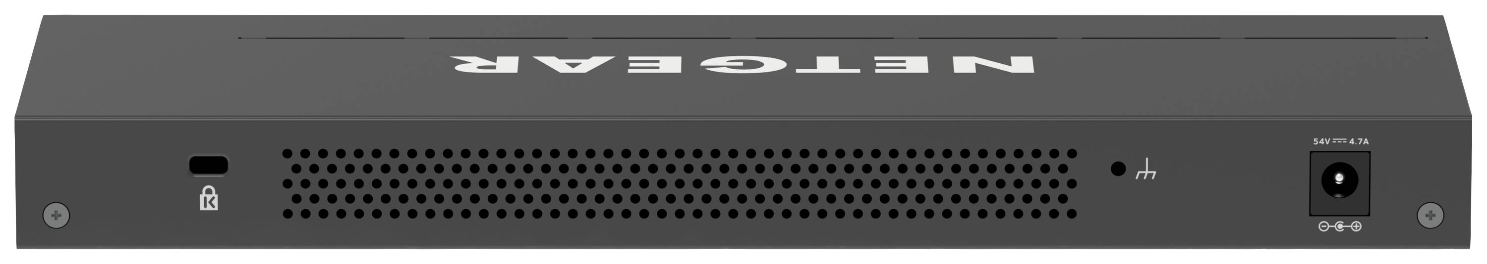 A black network cable modem with the company logo on the top surface. A row of ventilation slots is located on the front side.