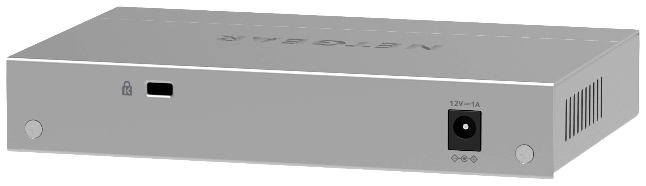 Grey, rectangular network switch with network connection and ventilation slots.