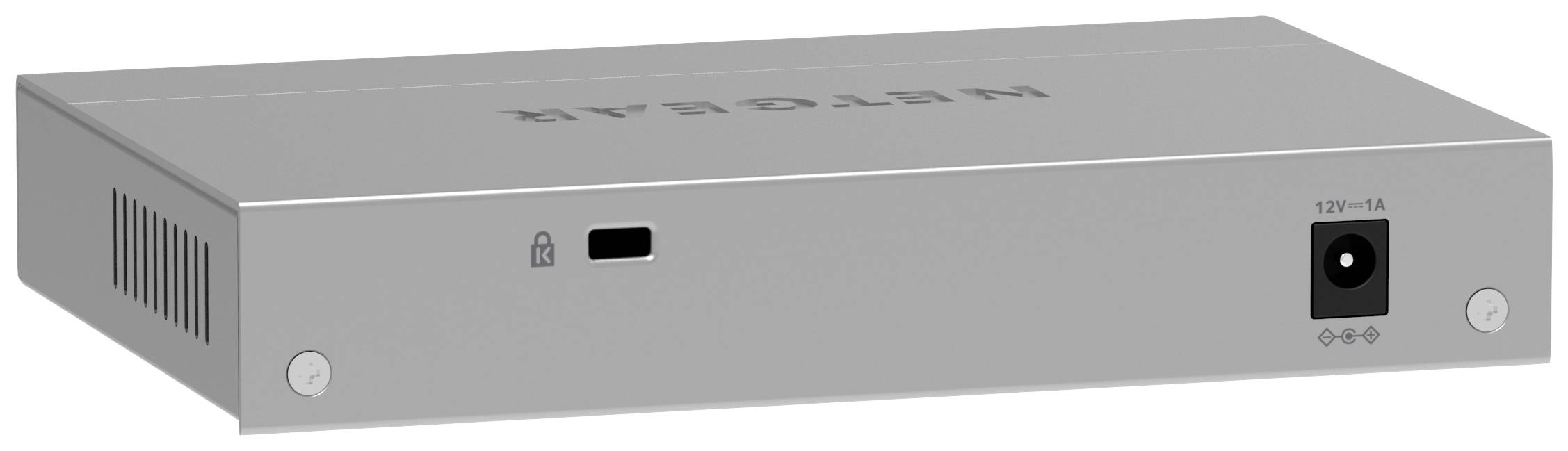A silver-coloured network switch with multiple ventilation slots, a USB port, and a power connection at the rear.