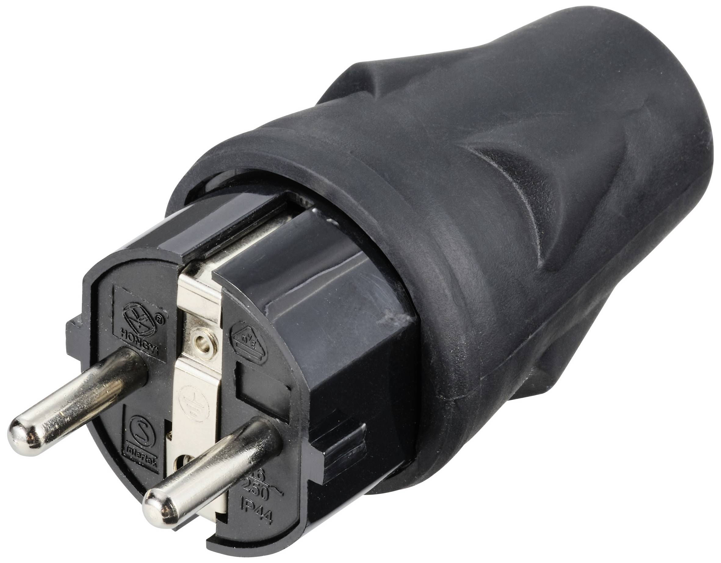 A black European plug with two metal pins, used for connecting to a power socket.