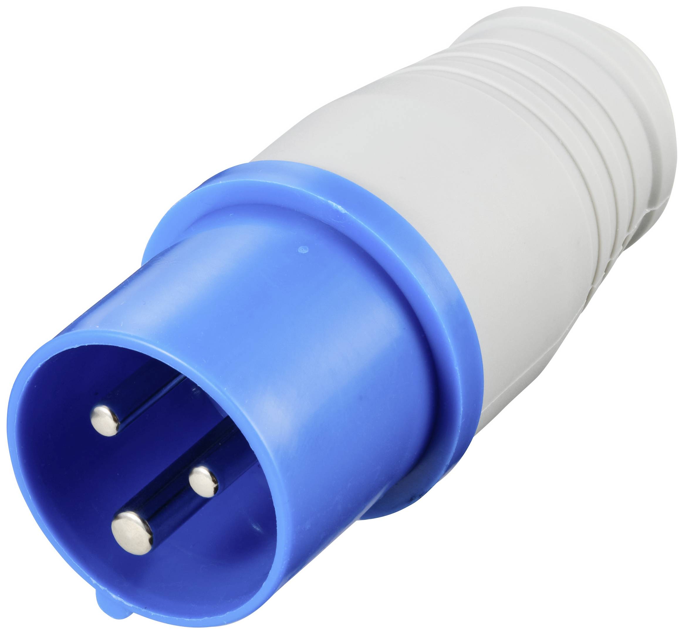 A blue three-pin plug with a grey casing. It is used for electrical connections.