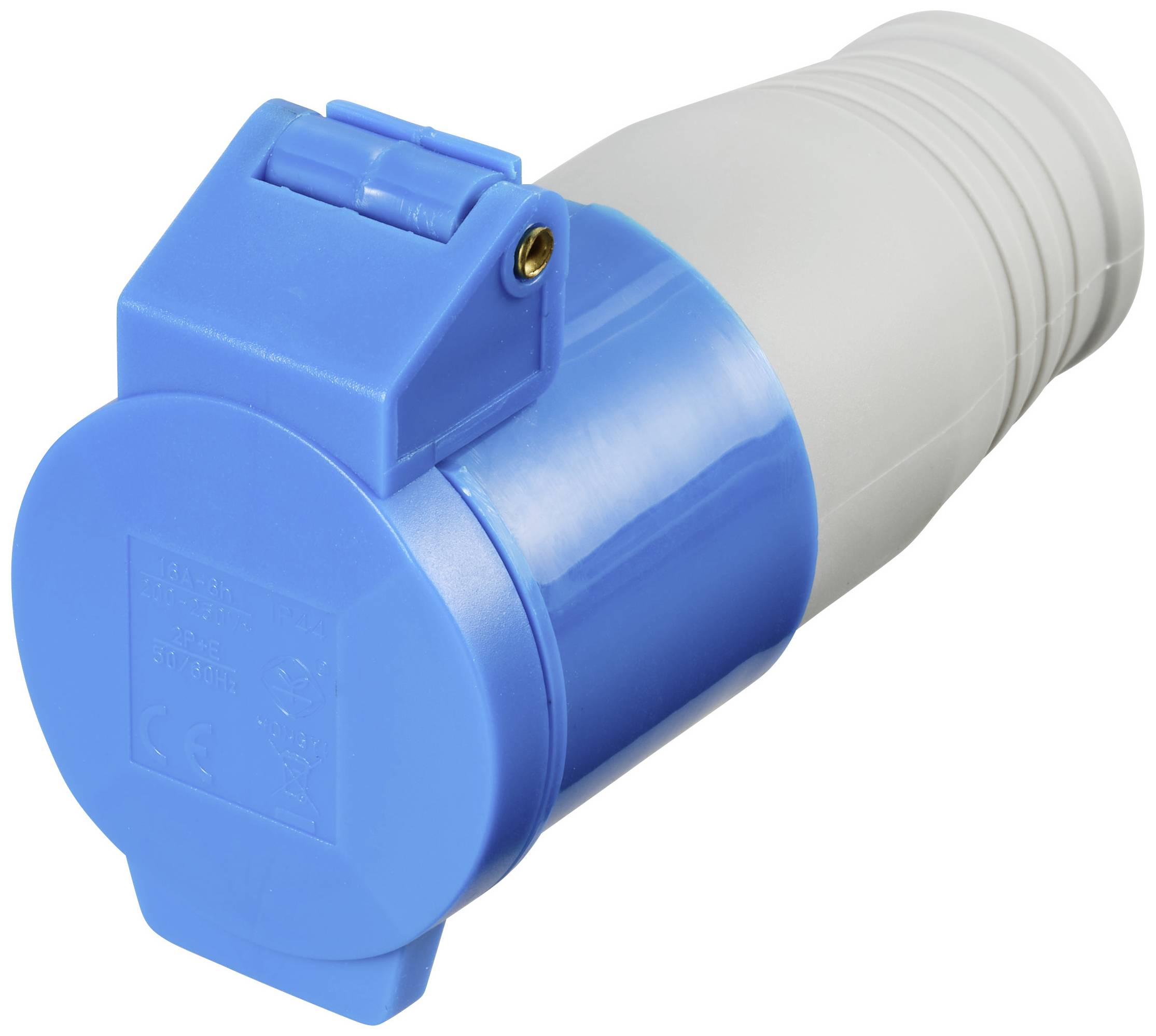 A blue and white industrial connector, typical for use in robust environments, displays CE marking.