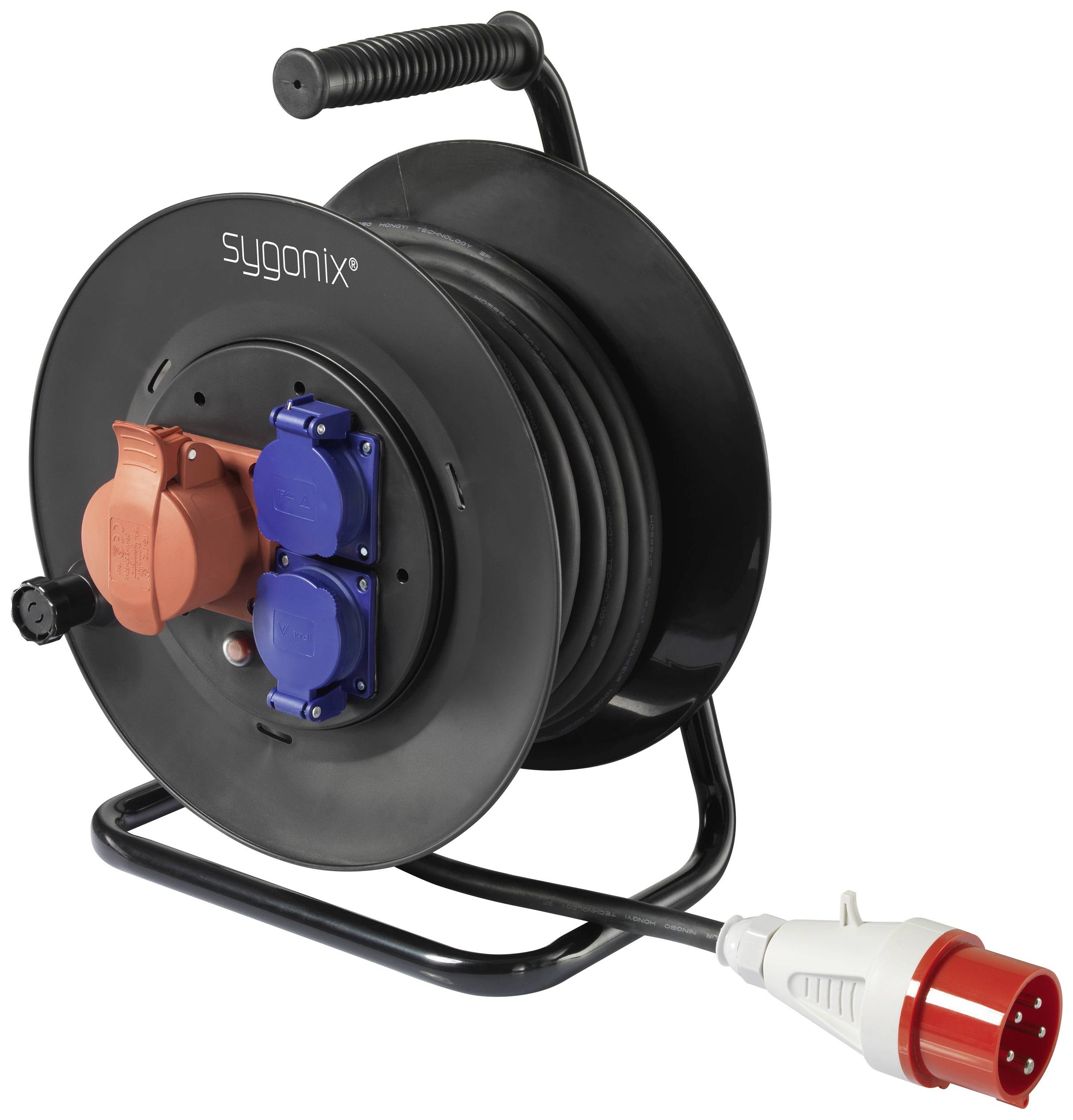 Black cable reel with multiple sockets, including a red high-performance socket. Suitable for industrial applications.