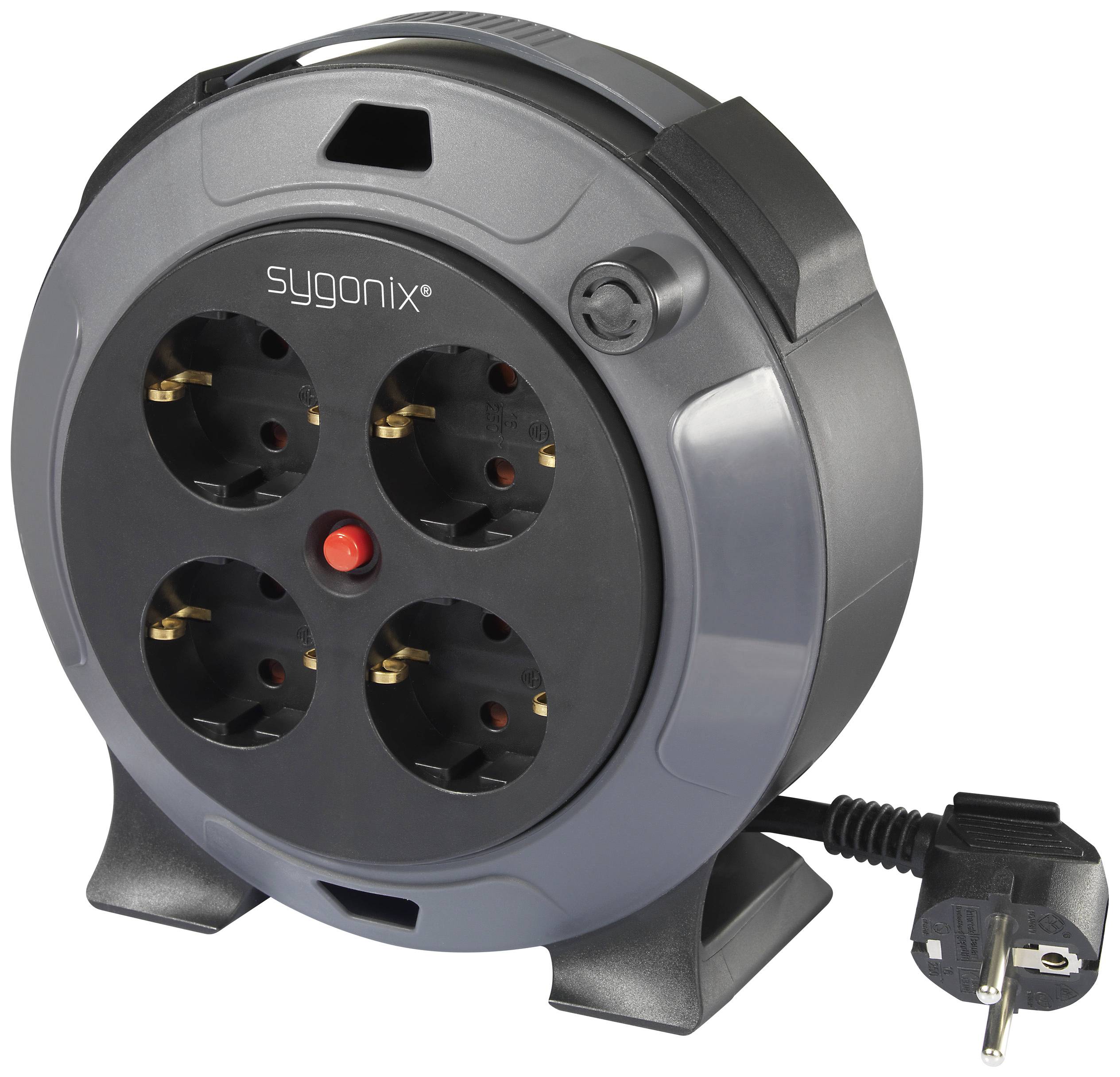 A black cable reel with four plug sockets and a mains lead. Ideal for powering multiple devices.